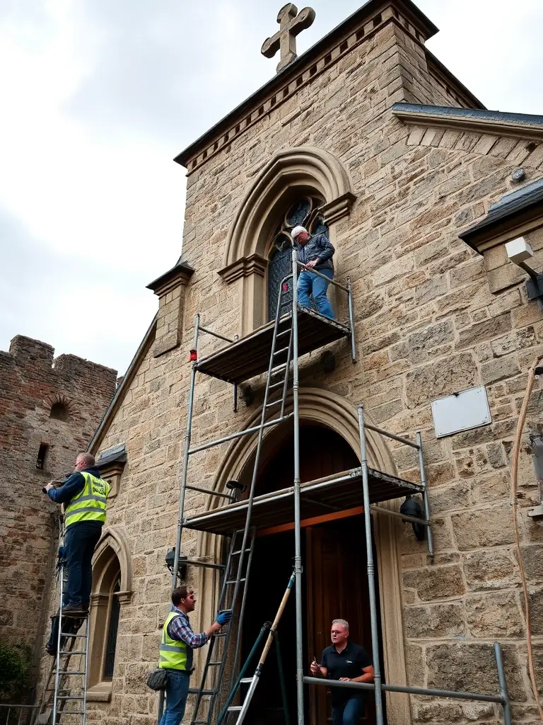 A photograph of volunteers working on the restoration of an ancient stone wall at Frigolet Abbey, showcasing the meticulous work and dedication involved in preserving historical structures.