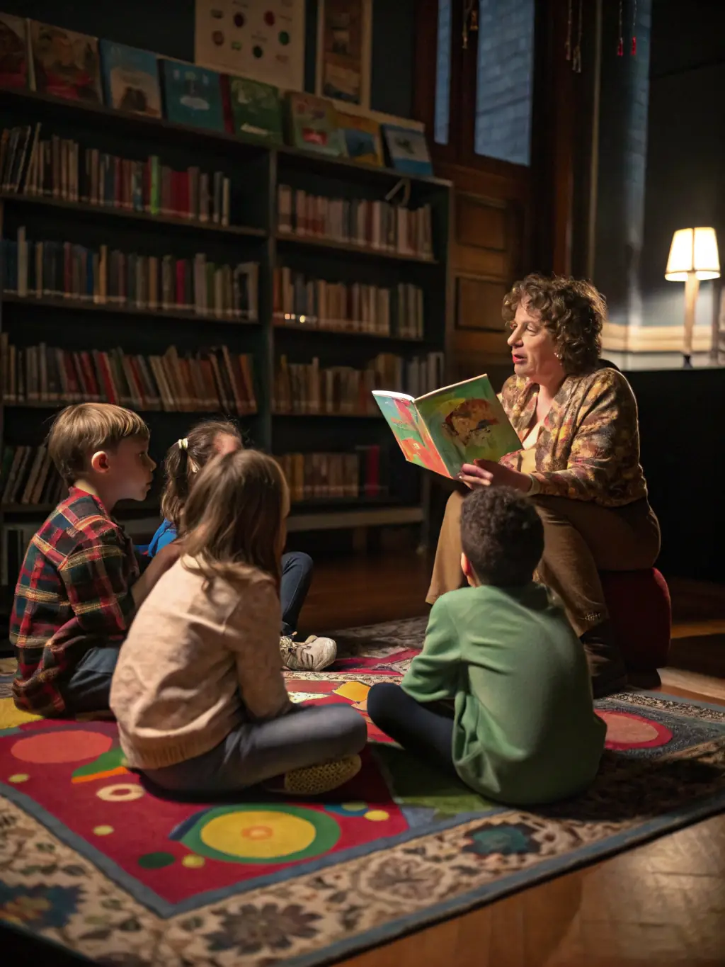 A group of children participating in an educational workshop at the Frigolet library, learning about the history of the abbey through interactive storytelling.