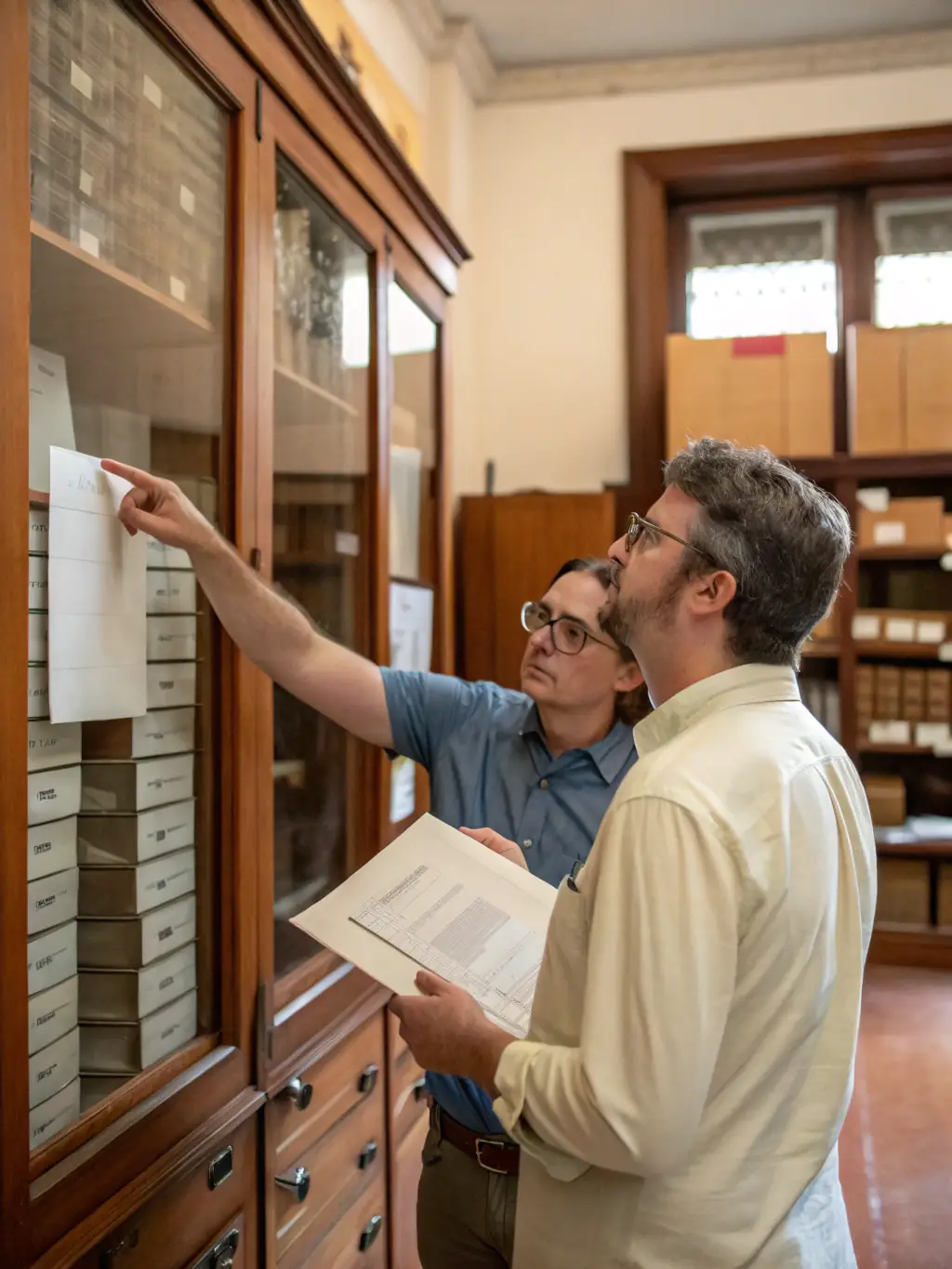 A photograph of archivists carefully preserving old documents and manuscripts in the Frigolet archives, highlighting the importance of preserving historical records.