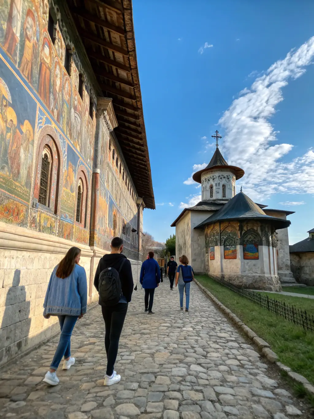 A photograph of a guided tour group exploring the Frigolet Abbey, with a knowledgeable guide explaining the historical significance of the site.