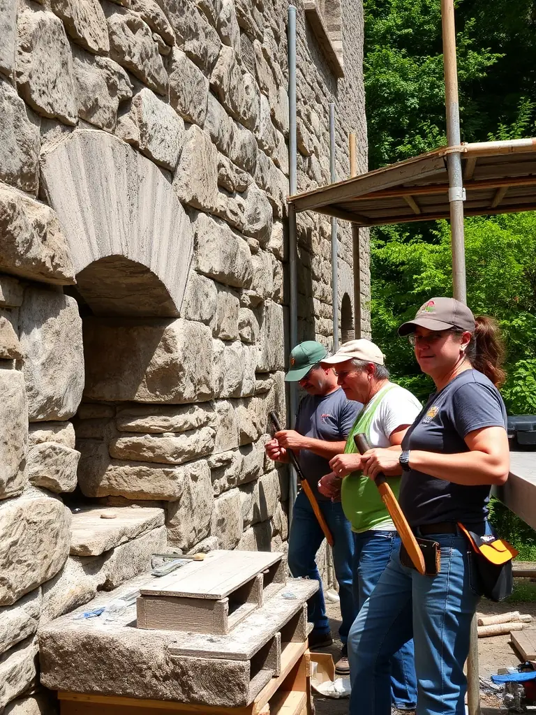 A photograph of volunteers carefully restoring an ancient stone wall at the Frigolet Abbey, showcasing the meticulous work involved in heritage conservation.